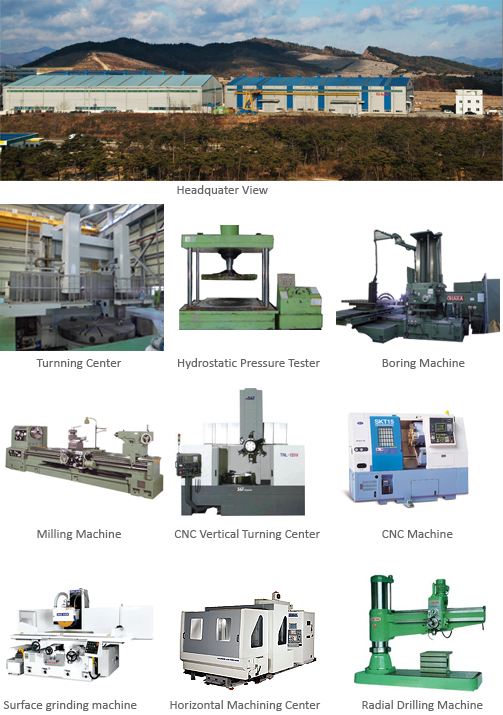 Headquarters view and machinery: Turning Center, Hydrostatic Pressure Tester, Boring Machine, Milling Machine, CNC Vertical Turning Center, CNC Machine, Surface Grinding Machine, Horizontal Machining Center, Radial Drilling Machine